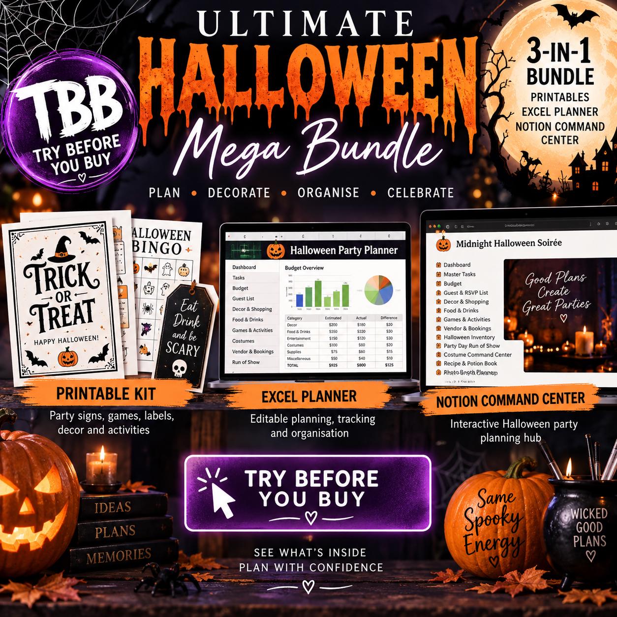 Ultimate Halloween Party Bundle | Printables, Excel Planner, Notion Template (Digital Download)