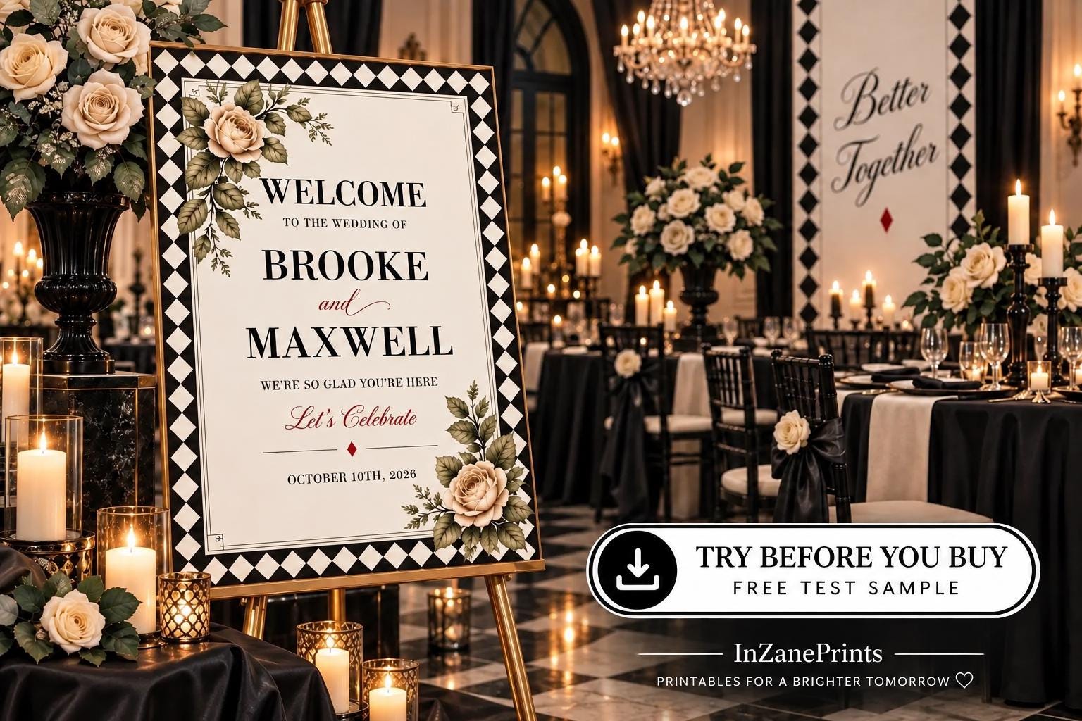 Editable Harlequin Rose Wedding Stationery Bundle | Vintage Black Ivory Red (PPTX)