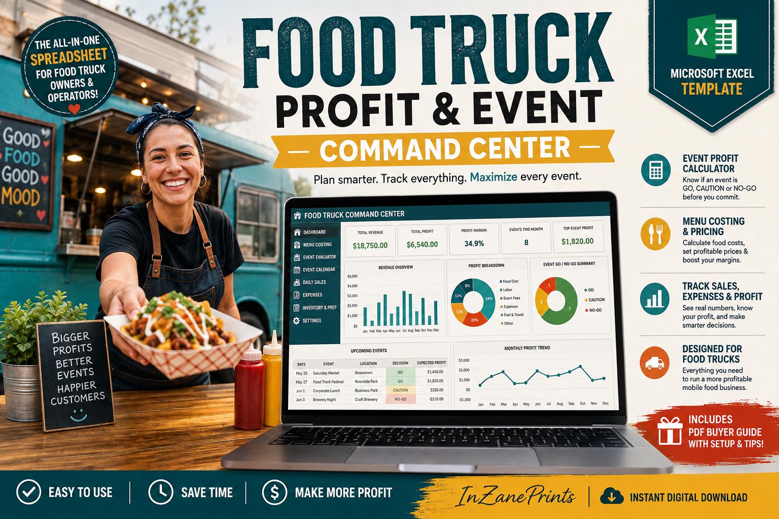 Food Truck Profit Command Center, Event Calculator, Menu Costing, Sales Tracker (Excel Template)