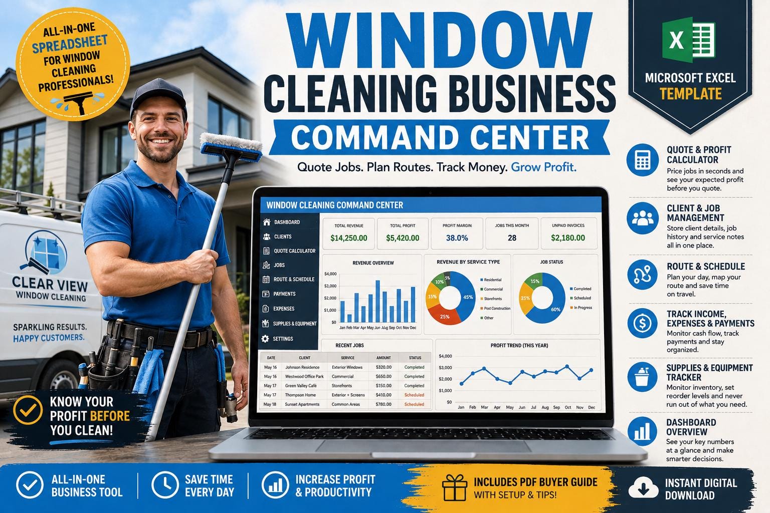 Window Cleaning Business Command Center, Excel Spreadsheet, Quote & Profit Calculator (Digital Download)