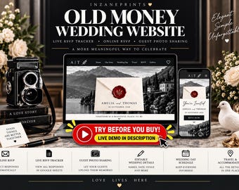 Old Money Wedding Website Template, Black & Ivory, Editable RSVP Tracker (Digital Download)