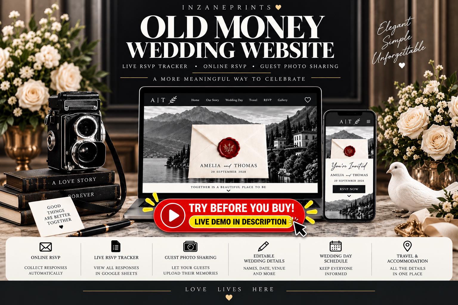 Old Money Wedding Website Template, Black & Ivory, Editable RSVP Tracker (Digital Download)