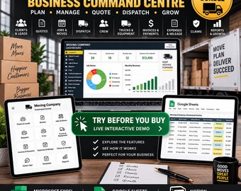 Moving Company Business Command Centre, Excel, Sheets, Notion Bundle (Digital Download)