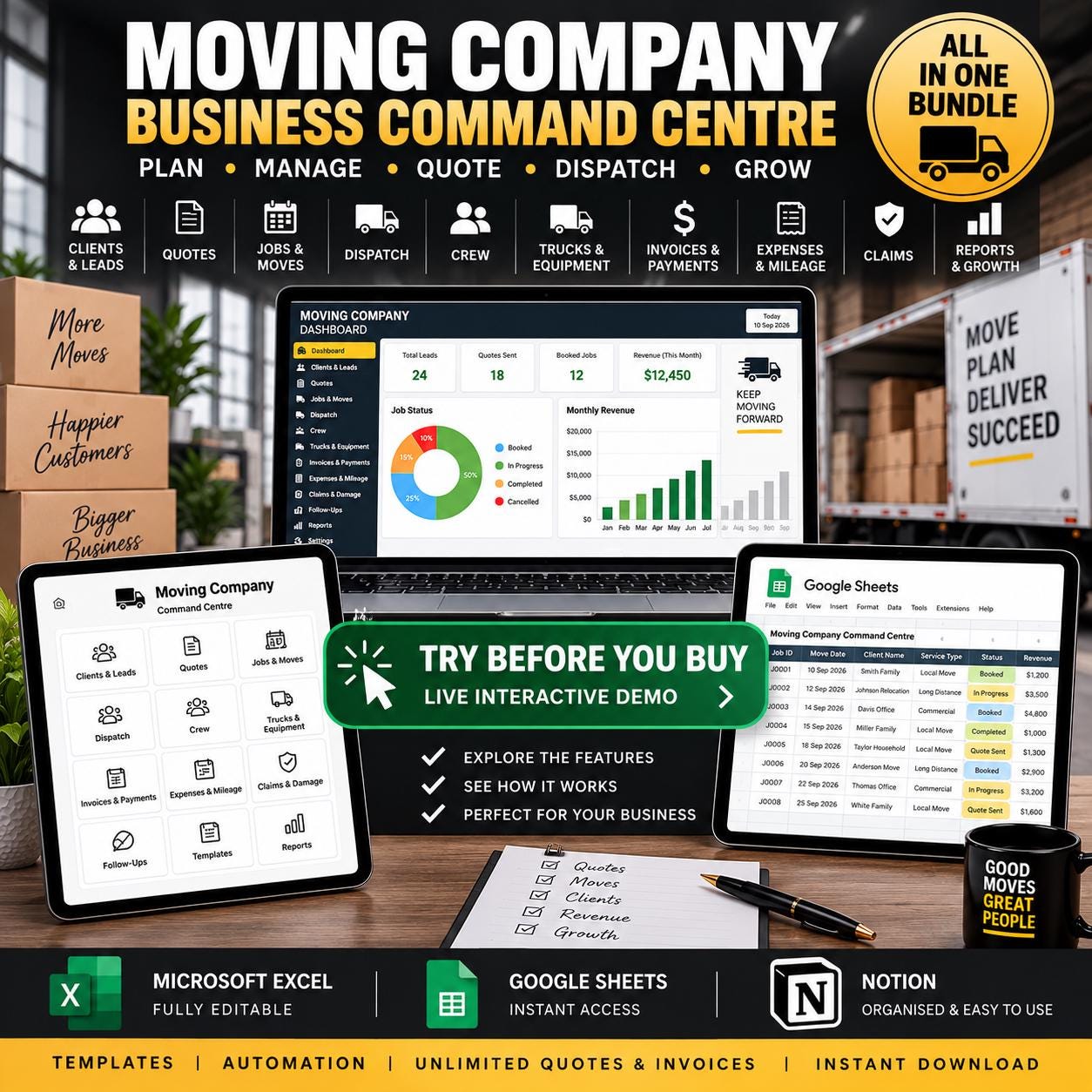 Moving Company Business Command Centre, Excel, Sheets, Notion Bundle (Digital Download)