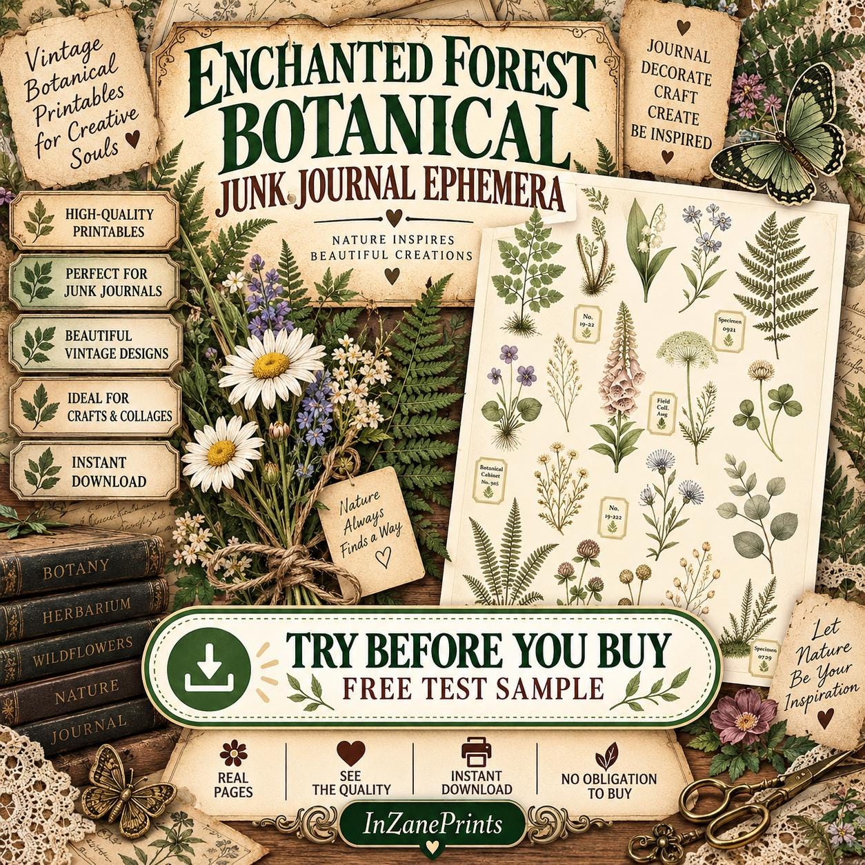 Enchanted Forest Junk Journal Ephemera, 11 Botanical Pages, Mushroom Tags (Digital Download)