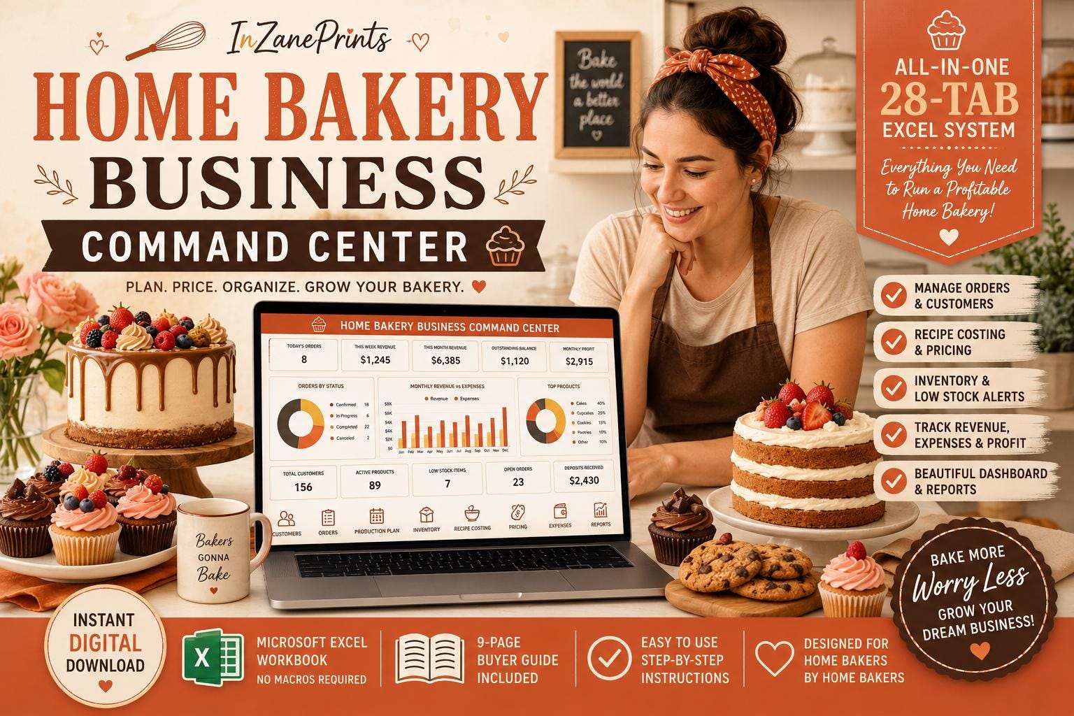 Home Bakery Business Spreadsheet, Recipe Cost Calculator, Order Tracker, Bakery Pricing & Inventory Excel Template