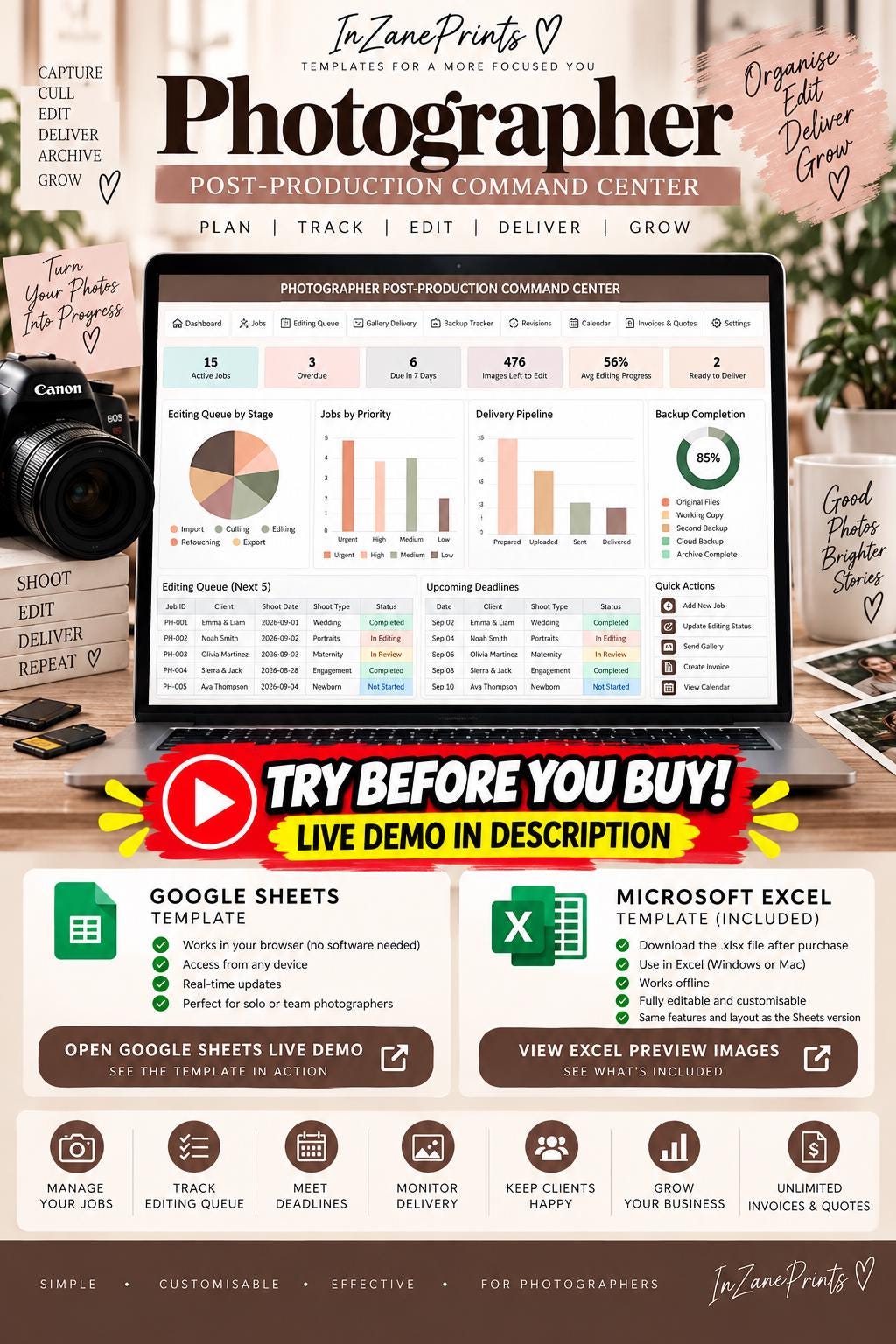 Photographer Post-Production Command Center, Editing Queue, Gallery Delivery Tracker (Digital Download)