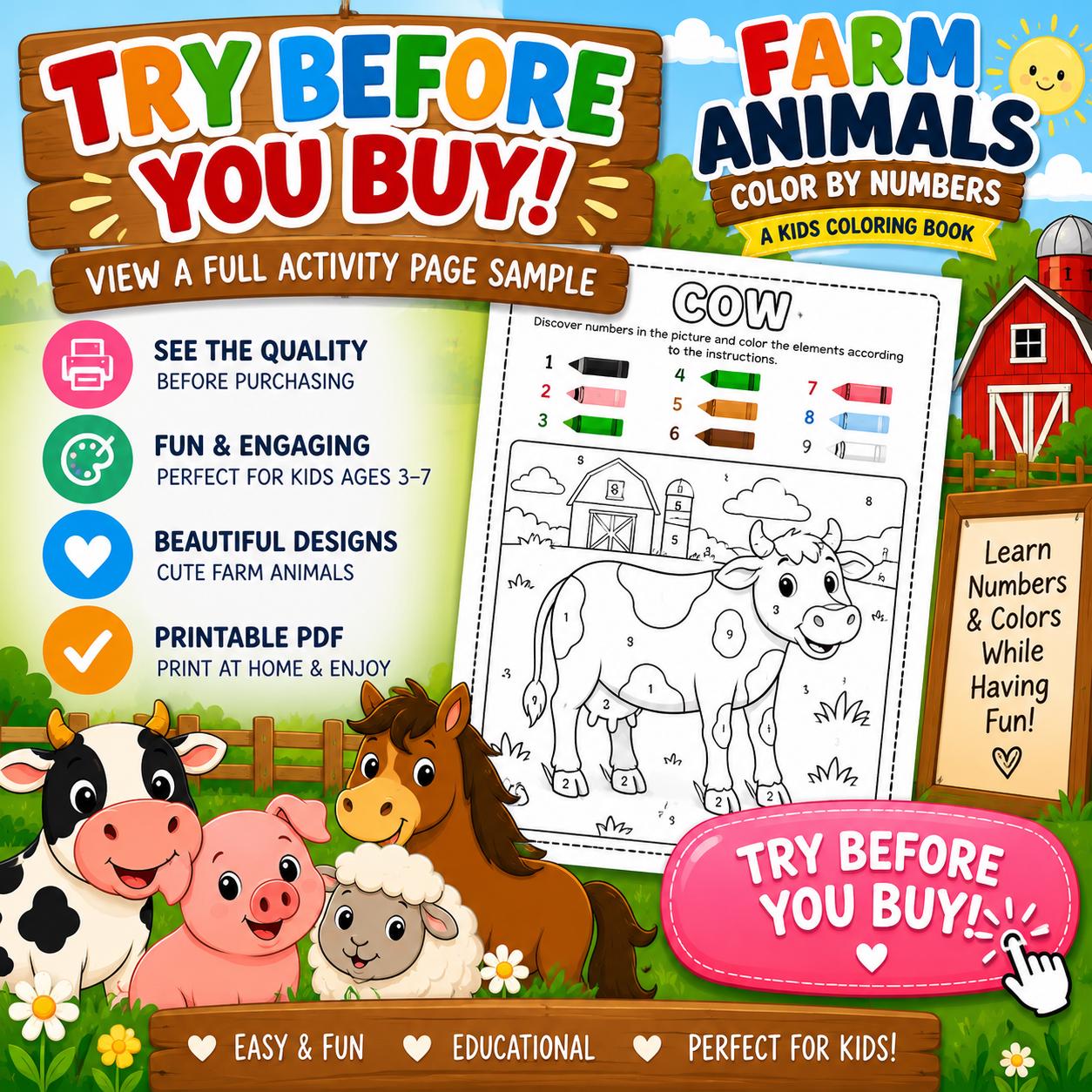 Farm Animals Color by Numbers Book, Educational Activity for Kids (PDF)