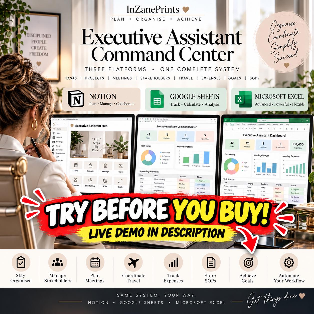 Executive Assistant Command Center, Notion Template, Google Sheets Excel Dashboard, Office Operations Planner