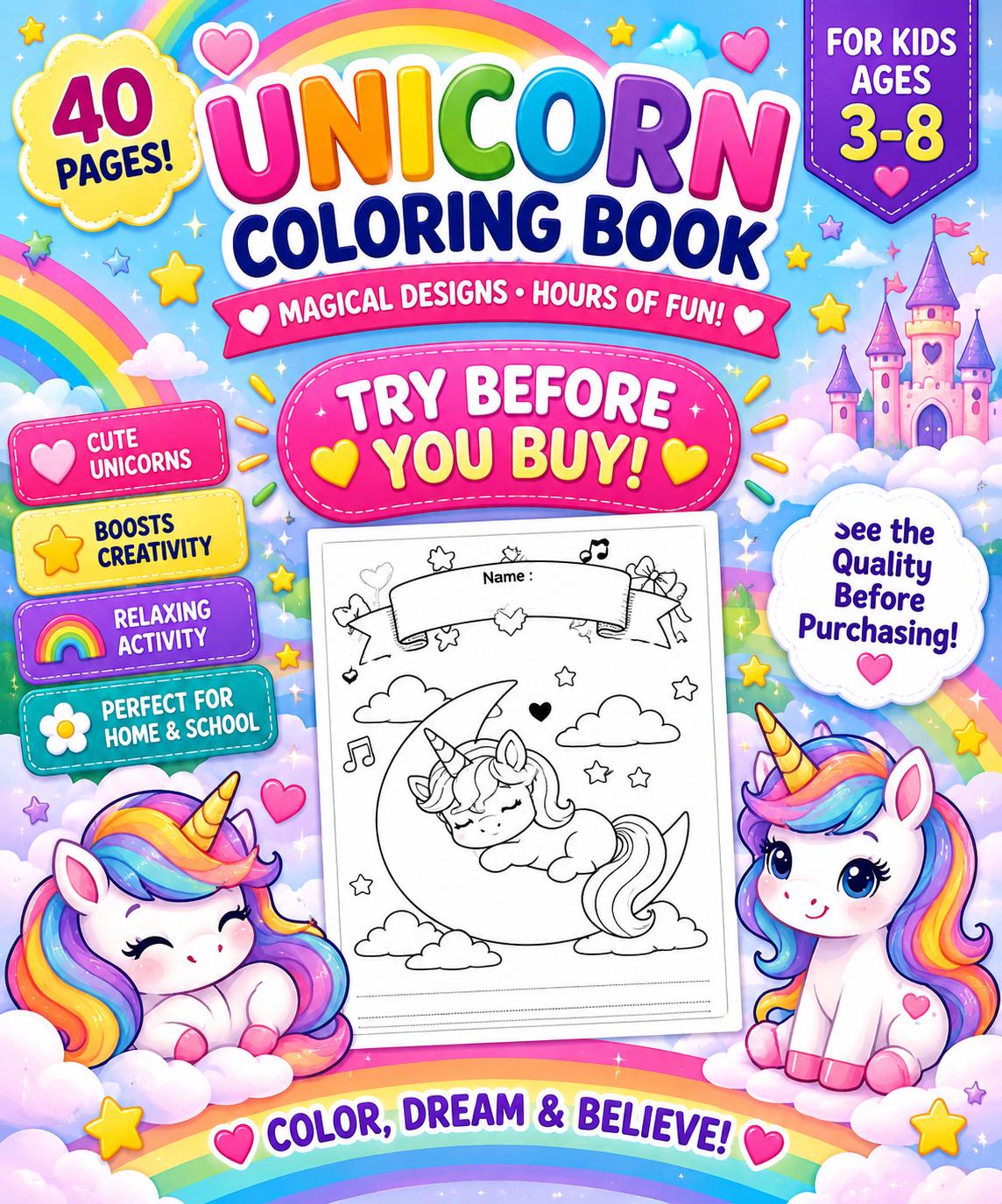 Unicorn Coloring Book for Kids, 40 Magical Fantasy Pages (PDF Download)