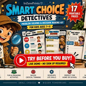 May include: A Smart Choice Detectives problem solving and decision making kit for kids ages 7-11, featuring 17 printable pages. The graphic includes a cartoon detective with a magnifying glass, activity sheets, and text including Think It, Solve It, Choose It.