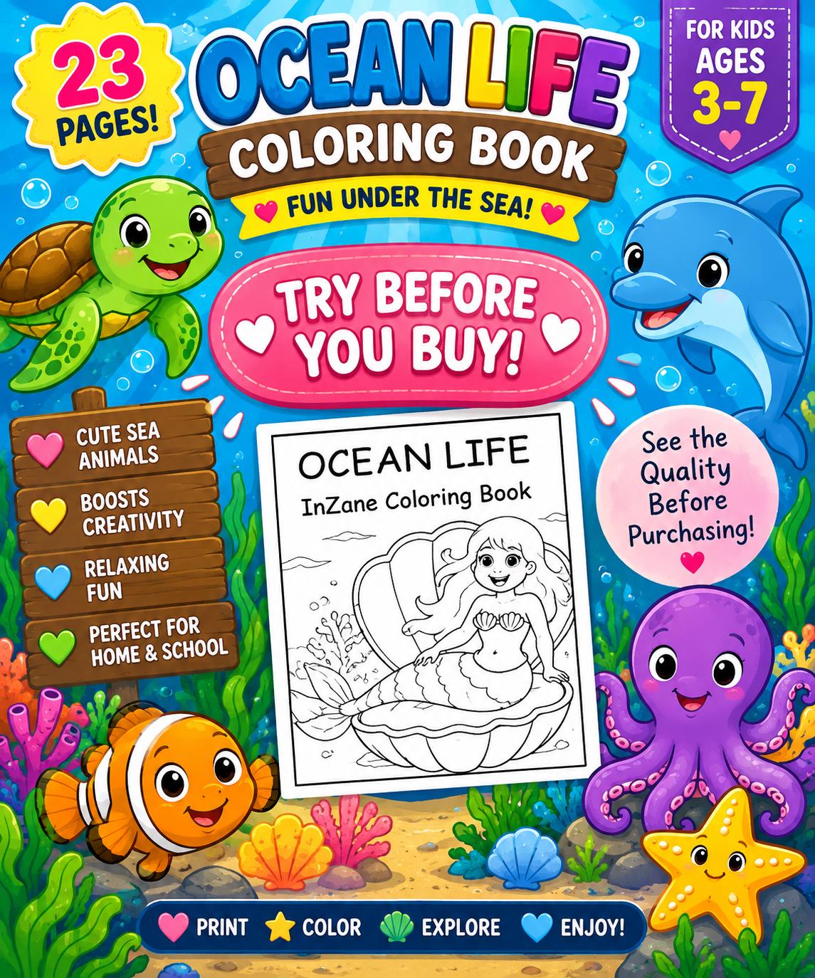 Ocean Life Coloring Book for Kids, 23 Sea Animal Pages (PDF Download)