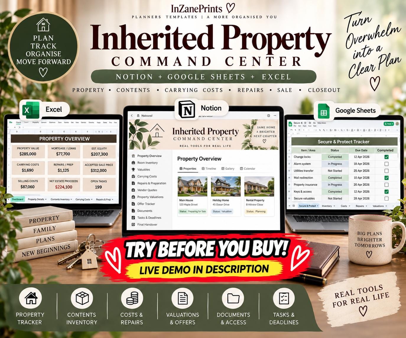Inherited Property Organizer Spreadsheet, Executor House Tracker, Estate Property Planner, Notion Google Sheets Excel