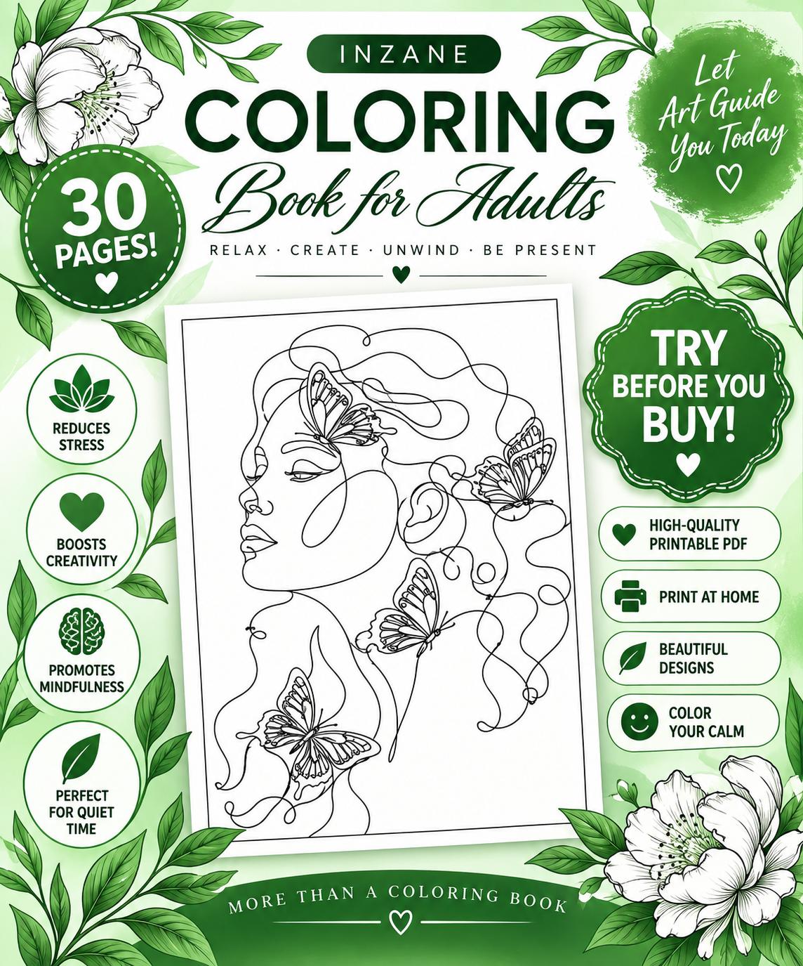 Adult Floral Coloring Book | 30 Relaxing Pages (Digital Download)