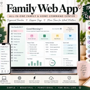 Può includere: Un'applicazione web familiare digitale visualizzata su uno schermo di laptop e smartphone, che presenta un centro di comando domestico tutto in uno con 22 moduli integrati, tra cui calendario, pianificatore di pasti e tracker di budget.