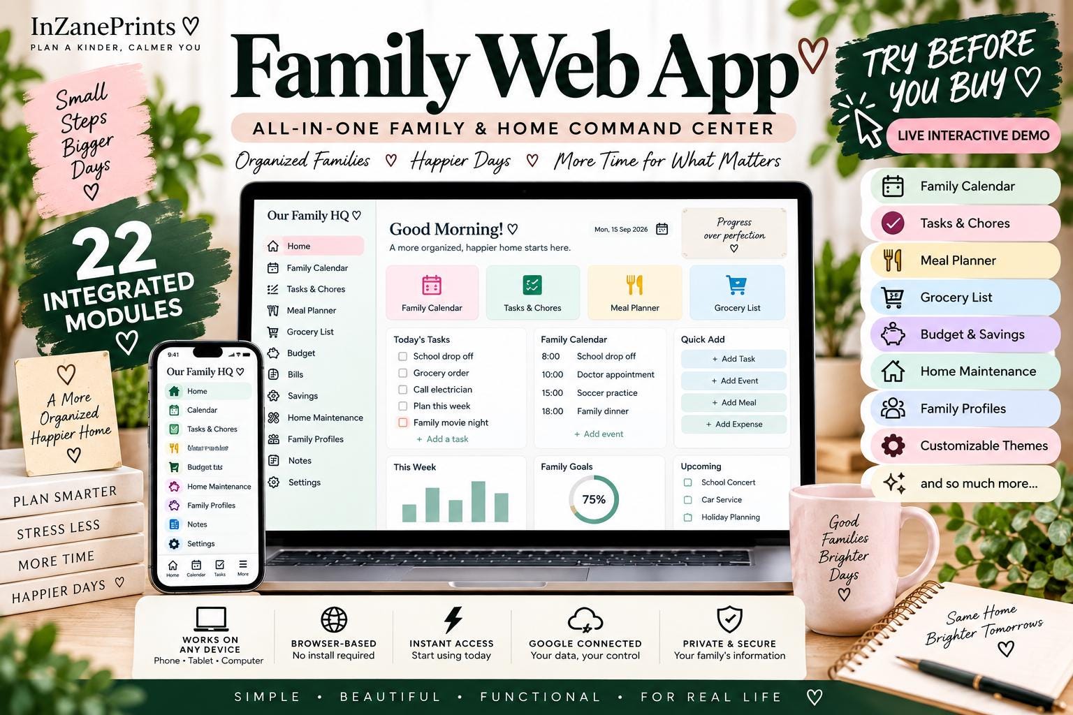 Family Command Center Web App, Family Web App Dashboard, All-in-One Household Planner, Google Connected (Digital Download)