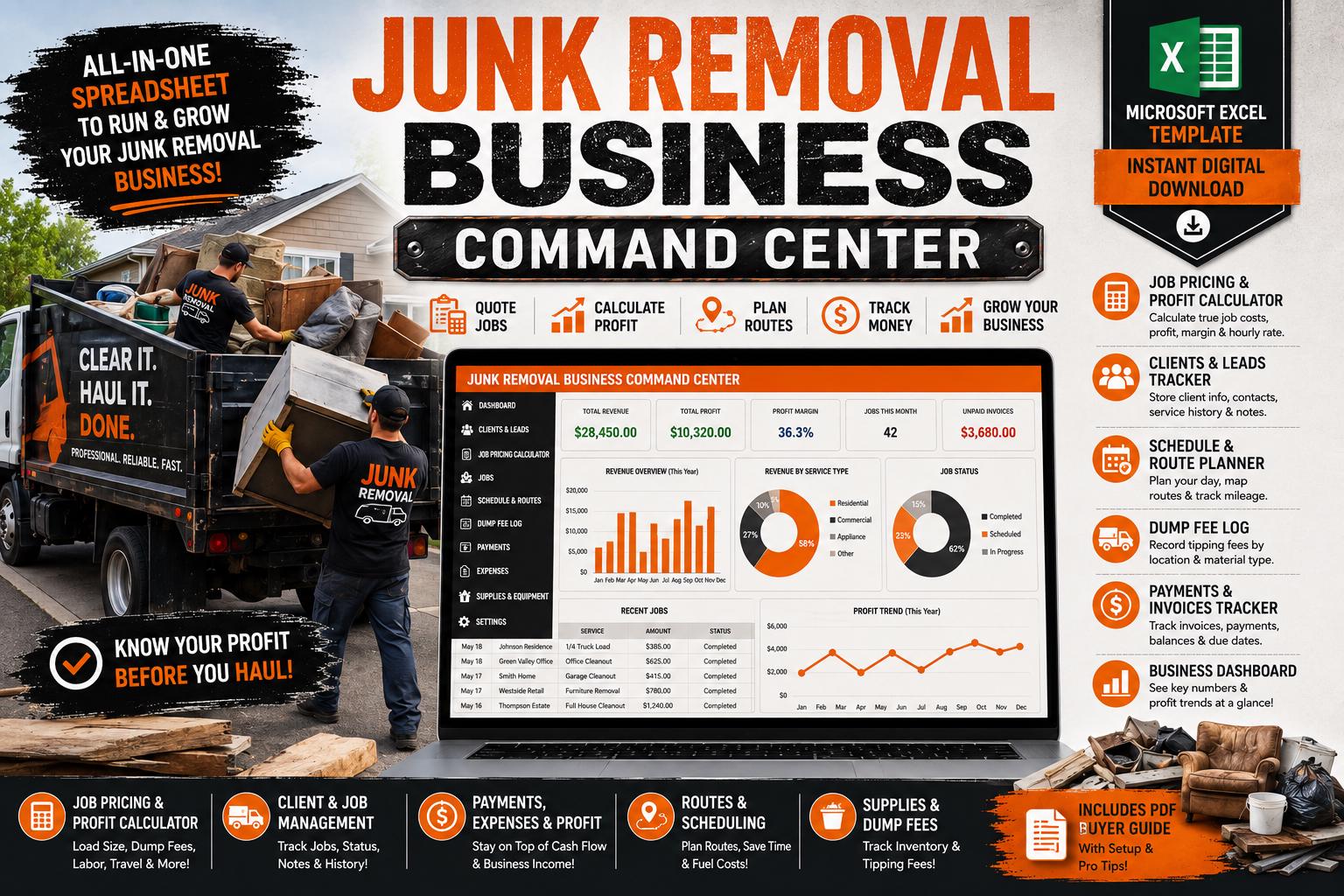 Junk Removal Business Command Center, Job Pricing & Profit Calculator (Excel Template)
