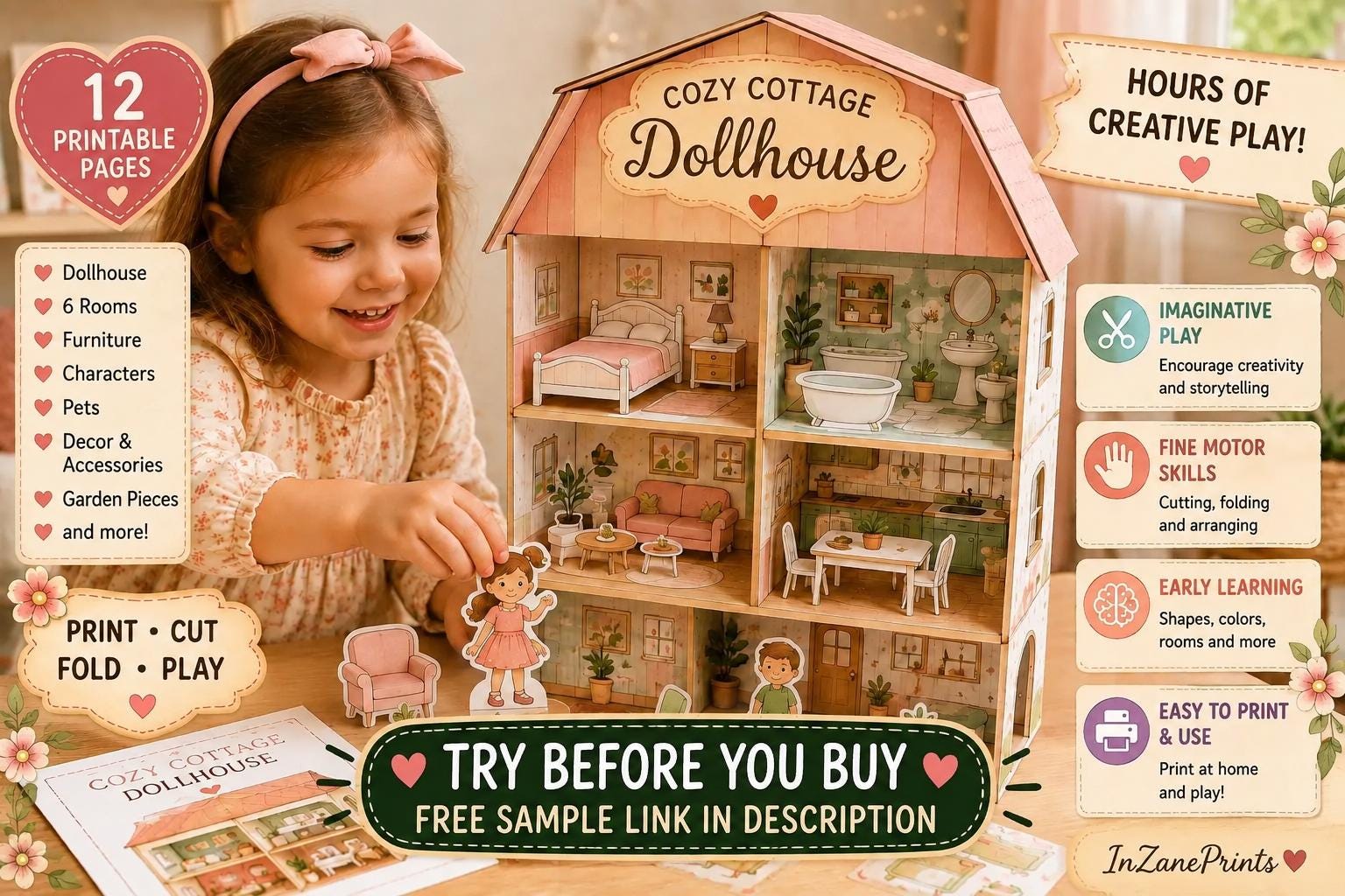 Printable Dollhouse Kit, DIY Paper Doll House, Cut Fold Build Kids Craft, Pretend Play, Screen Free Activity, Digital PDF