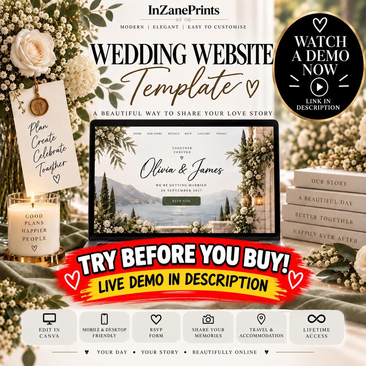 Editable Wedding Website Template, RSVP, Photo Sharing, Countdown (Digital Download) Demo Included in Description