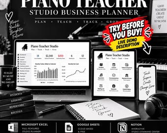Piano Teacher Studio Planner, Music Teacher Spreadsheet, Lesson Tracker, Student Management, Google Sheets Excel Notion