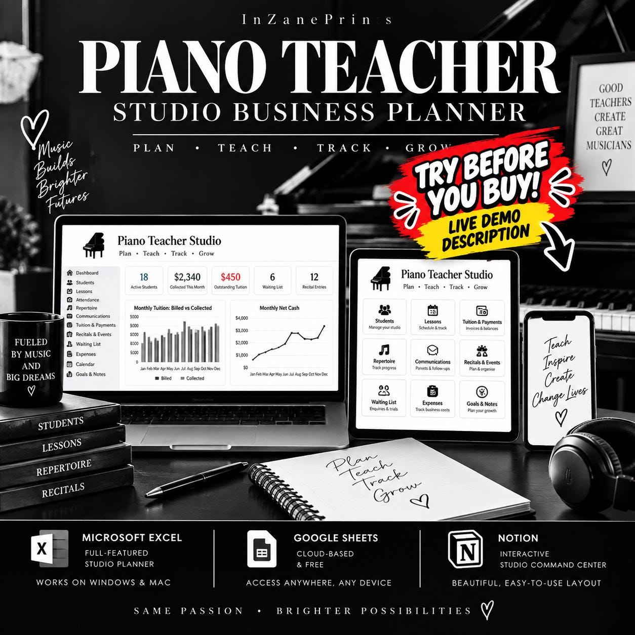 Piano Teacher Studio Planner, Music Teacher Spreadsheet, Lesson Tracker, Student Management, Google Sheets Excel Notion