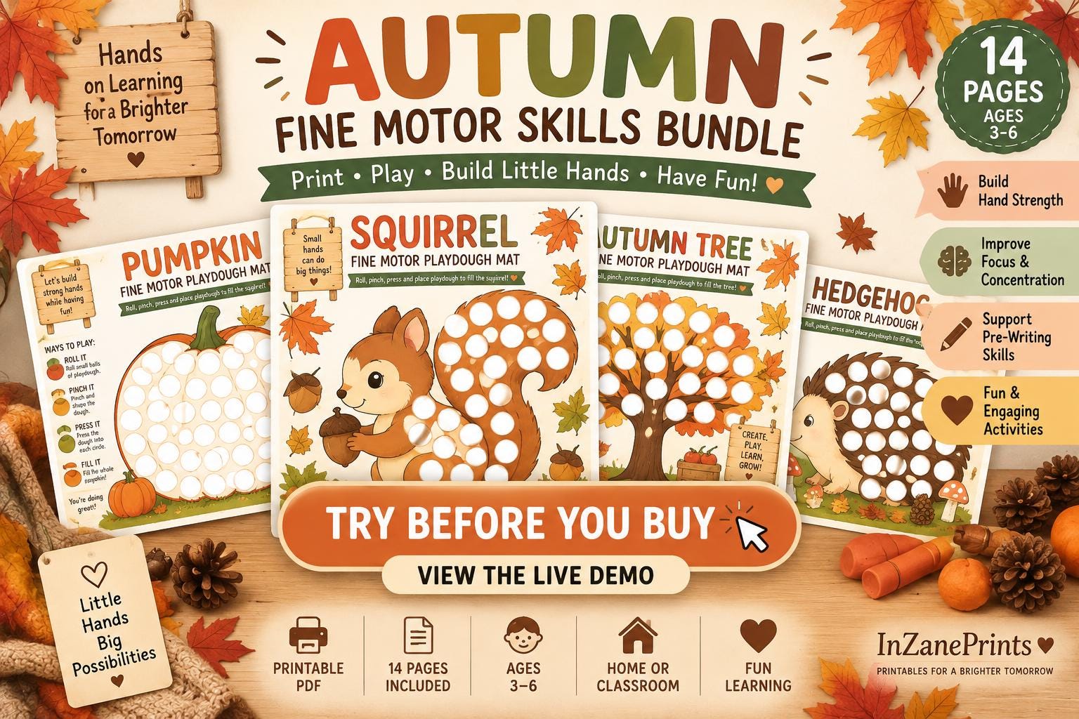 Autumn Fine Motor Skills Bundle: 14-Page Playdough Mats (PDF Download)