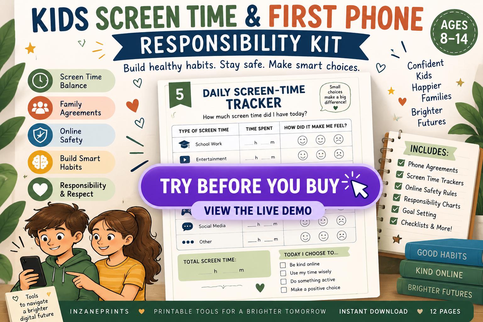Kids Cell Phone Contract, Screen Time Agreement, First Phone Responsibility Kit, Printable