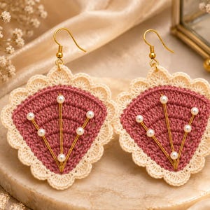 Handmade Crochet Flower Earrings, Pearl Gold Thread, Boho Floral Jewelry
