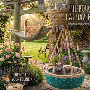 May include: A hanging cat furniture set featuring a woven tan basket with a grey cat, a teal and tan woven hammock with an orange tabby cat, and a lower teal woven basket with a grey cat, with text reading THE BOHO CAT HAVEN Handcrafted Comfort.