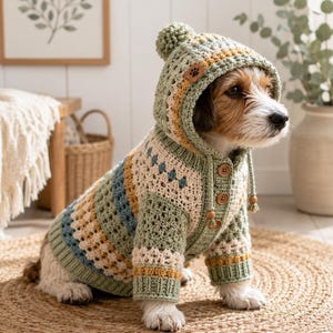 May include: A crochet dog sweater featuring a hood with a pom-pom, three wooden buttons, and a small brown paw print patch. The garment displays a multi-colored striped pattern in shades of sage green, cream, and muted blue with a textured stitch.