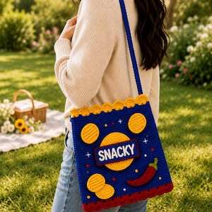 May include: A blue crochet tote bag featuring a yellow scalloped top edge and a red scalloped bottom edge. The bag displays yellow circular chip-like appliqués, a red chilli pepper, and a rectangular patch with the white text SNACKY.