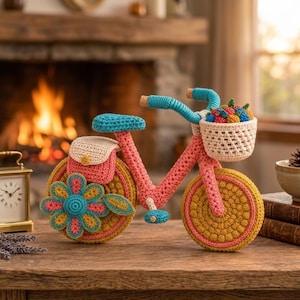 May include: A crocheted bicycle figurine in coral, teal, and mustard yellow. It features a front basket filled with colorful yarn spheres, a rear saddlebag, and a large flower decoration on the back wheel. The handlebars are teal with cork-like ends.