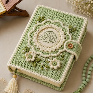 Pode incluir: Uma capa de livro em crochê verde-sálvia com um medalhão circular central com caligrafia árabe, aplicações florais em tom creme, pequenas pérolas brancas e um fecho de botão de madeira. Um pendão cor de creme pende do canto inferior.