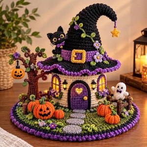 Op de afbeelding: Een gehaakt Halloween-huis in de vorm van een heksenhoed met een zwarte kat, een spookje en oranje pompoenen. Het bouwwerk heeft een paarse deur, gele ramen en een bruine boom met een hangende pompoen op een groene ronde ondergrond.