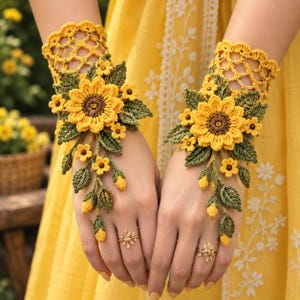 May include: A pair of yellow and green crochet fingerless gloves featuring a large sunflower motif, smaller floral accents, and green leaves. The wrist section has an open lattice pattern, and the design extends down the back of the hand.