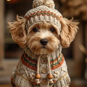 May include: A light brown dog wearing a beige crocheted sweater and matching hat with a pom-pom. The sweater features a ribbed collar, wooden buttons, and a decorative pattern in orange and green. The hat has a ribbed brim and a large pom-pom.