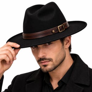 Black Wool Fedora Hat with Genuine Leather Band, Handmade Wide Brim Hat, Classic Mens Formal Western Style, Luxury Gift for Him