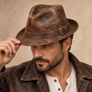 Op de afbeelding: Een fedora-hoed van verweerd bruin leer met een bijpassende leren band en een koperkleurige metalen gesp aan de zijkant. De hoed heeft een ingedeukte kroon, een gestructureerde rand en twee kleine metalen ventilatiegaatjes aan weerszijden.