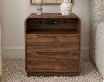 Dark Walnut Charging Nightstand, 2-Drawer Bedside Table with USB-C & Open Shelf