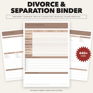 Op de afbeelding: Een Divorce & Separation Binder documentenset met meerdere pagina's met tabellen voor het bijhouden van activa, schulden en rekeningen. De pagina's hebben bruine koppen en witte achtergronden. Een rode ster geeft 440+ pagina's aan.