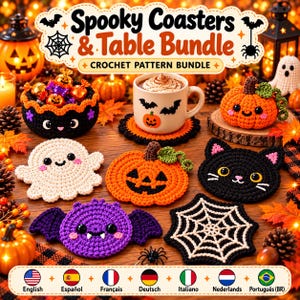 Puede incluir: Un conjunto de patrones de ganchillo titulado Spooky Coasters & Table Bundle que incluye artículos hechos a mano como un fantasma, una calabaza, un gato negro, una telaraña y un murciélago morado, junto a una taza y dulces.