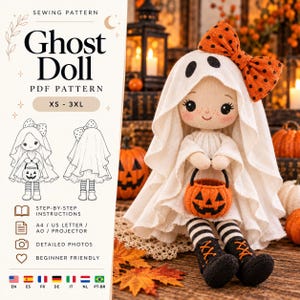 Könnte beinhalten: Ein Schnittmuster für eine Geisterpuppe mit dem Text Ghost Doll PDF Pattern XS - 3XL. Das Bild zeigt eine Puppe in einem weißen Geisterkostüm mit einer großen orangefarbenen gepunkteten Schleife, schwarz-weiß gestreiften Leggings und schwarzen Stiefeln.