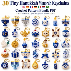 May include: A digital collection of 30 Tiny Hanukkah Menorah Keychains Crochet Pattern Bundle PDF. The image displays various crocheted amigurumi keychains featuring blue, white, and gold colors, including menorahs, dreidels, stars, and candles.