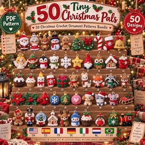 May include: A collection of 50 miniature crochet Christmas ornaments displayed on a wooden tiered stand. The ornaments include figures like Santa, reindeer, snowmen, animals, and holiday symbols. Text on the display reads 50 Tiny Christmas Pals.