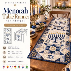 Könnte beinhalten: Ein Schnittmuster für einen Menora-Tischläufer mit gestepptem Design, blauen und goldenen Davidstern-Motiven und Menora-Illustrationen. Das PDF-Schnittmuster enthält eine Schritt-für-Schritt-Anleitung, A4, US Letter, A0 und Projektordateien.