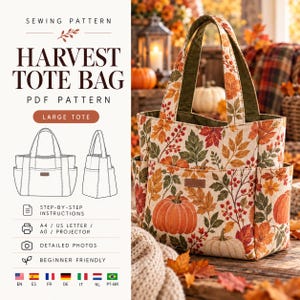 Harvest Tote Bag Sewing Pattern, Large Fall Pumpkin Bag (PDF Download)