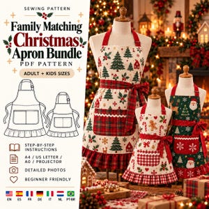 May include: A sewing pattern for a family matching Christmas apron bundle, featuring text and line art illustrations of aprons. Three aprons are displayed on mannequins, showcasing festive patterns with trees, houses, gingerbread men, candy canes, and Santa Claus motifs in red, green, and white.