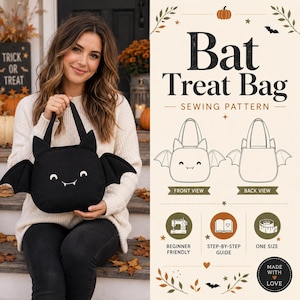May include: A black fabric treat bag shaped like a bat with pointed ears, outstretched wings, and a white embroidered face featuring eyes and fangs. The image includes text reading Bat Treat Bag Sewing Pattern with diagrams.