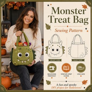 May include: A green corduroy monster treat bag with white horns, large eyes, and a toothy grin. The text reads Monster Treat Bag Sewing Pattern, Beginner Friendly, Step-by-Step Guide, One Size, and A fun and spooky DIY project for Halloween.