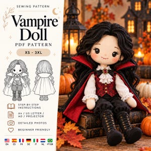 Mönster för gotisk vampyrdocka, handledning för Halloween-trasdocka (digital nedladdning)